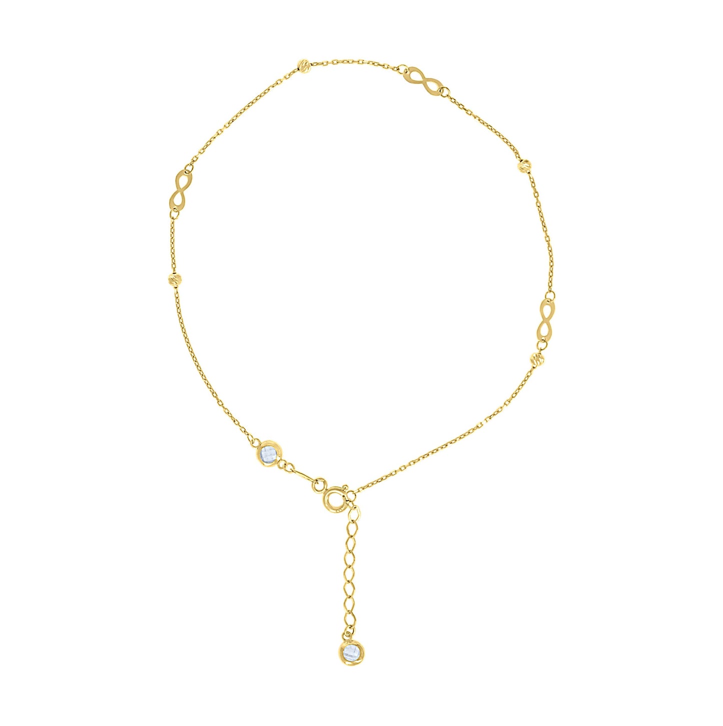 10K Or 14K Yellow Gold Womens Cubic-Zirconia Diamond-cut Beaded Infinity Charms Chain Anklet Size 10 Inches