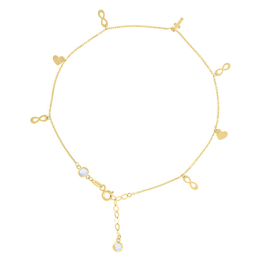10K Or 14K Yellow Gold Womens Cubic-Zirconia Infinity Heart Charms Chain Anklet Size 10 Inches