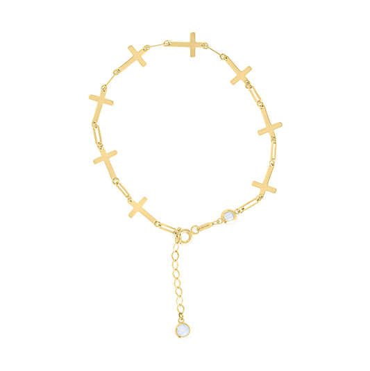 14K Yellow Gold Womens Cubic-Zirconia Cross Link Bracelet Size 8 Inches