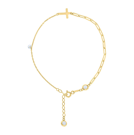 14K Yellow Gold Womens Cubic-Zirconia Cross Charm Bracelet Size 8 Inches