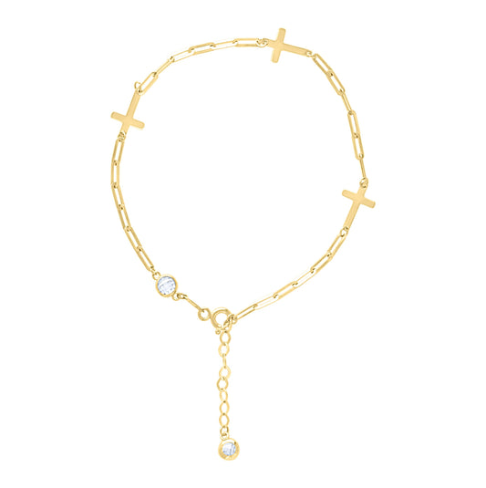 14K Yellow Gold Womens Cubic-Zirconia Cross Charms Bracelet Size 8 Inches