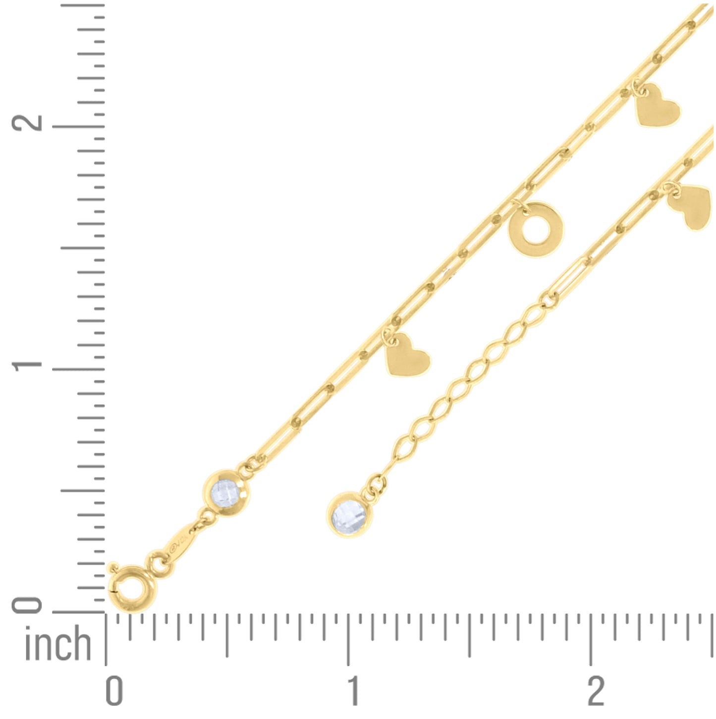 14K Yellow Gold Womens Cubic-Zirconia Circle Heart Charms Bracelet Size 8 Inches