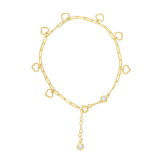 14K Yellow Gold Womens Cubic-Zirconia Circle Heart Charms Bracelet Size 8 Inches