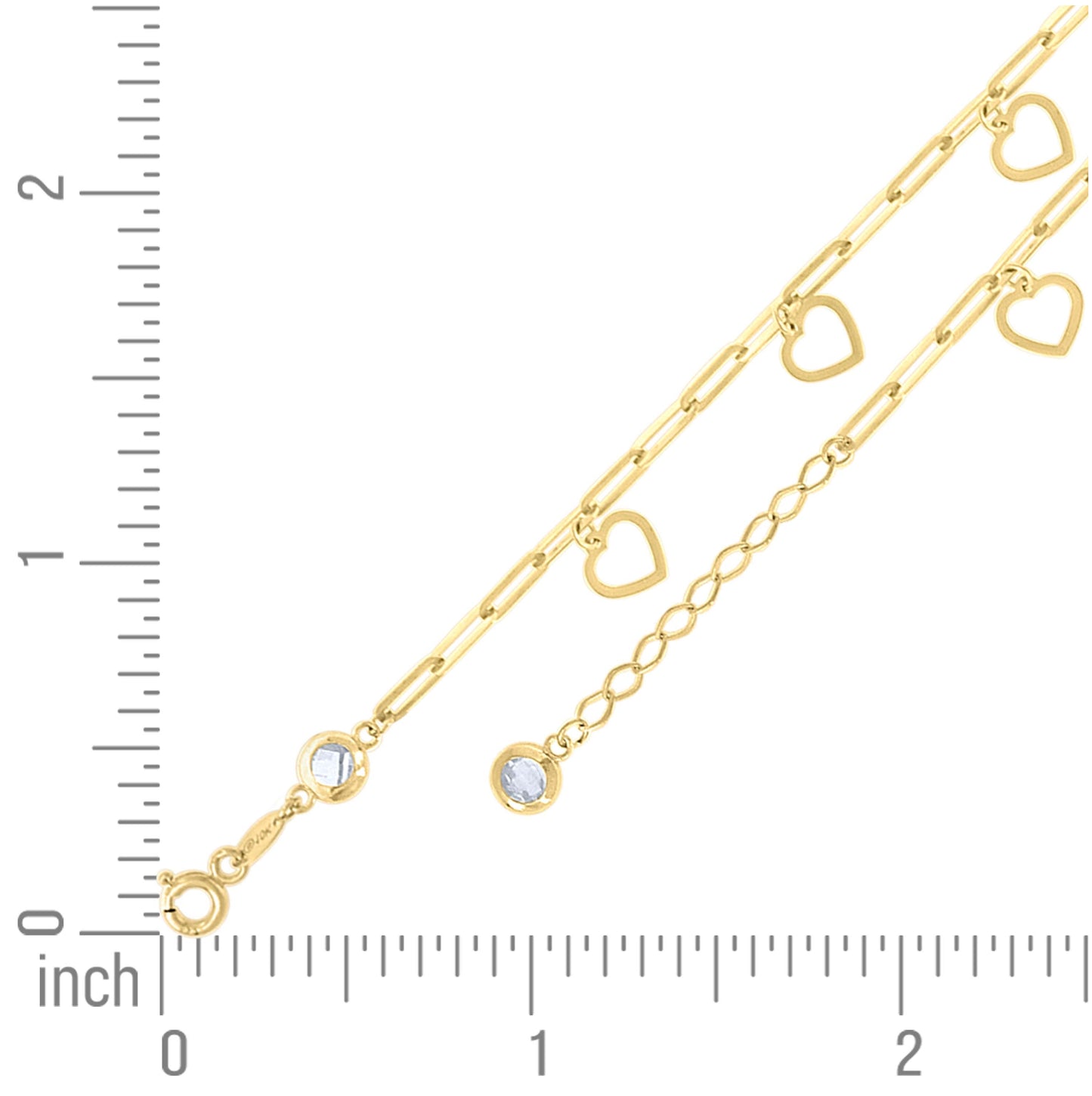 14K Yellow Gold Womens Cubic-Zirconia Heart Charms Bracelet Size 8 Inches