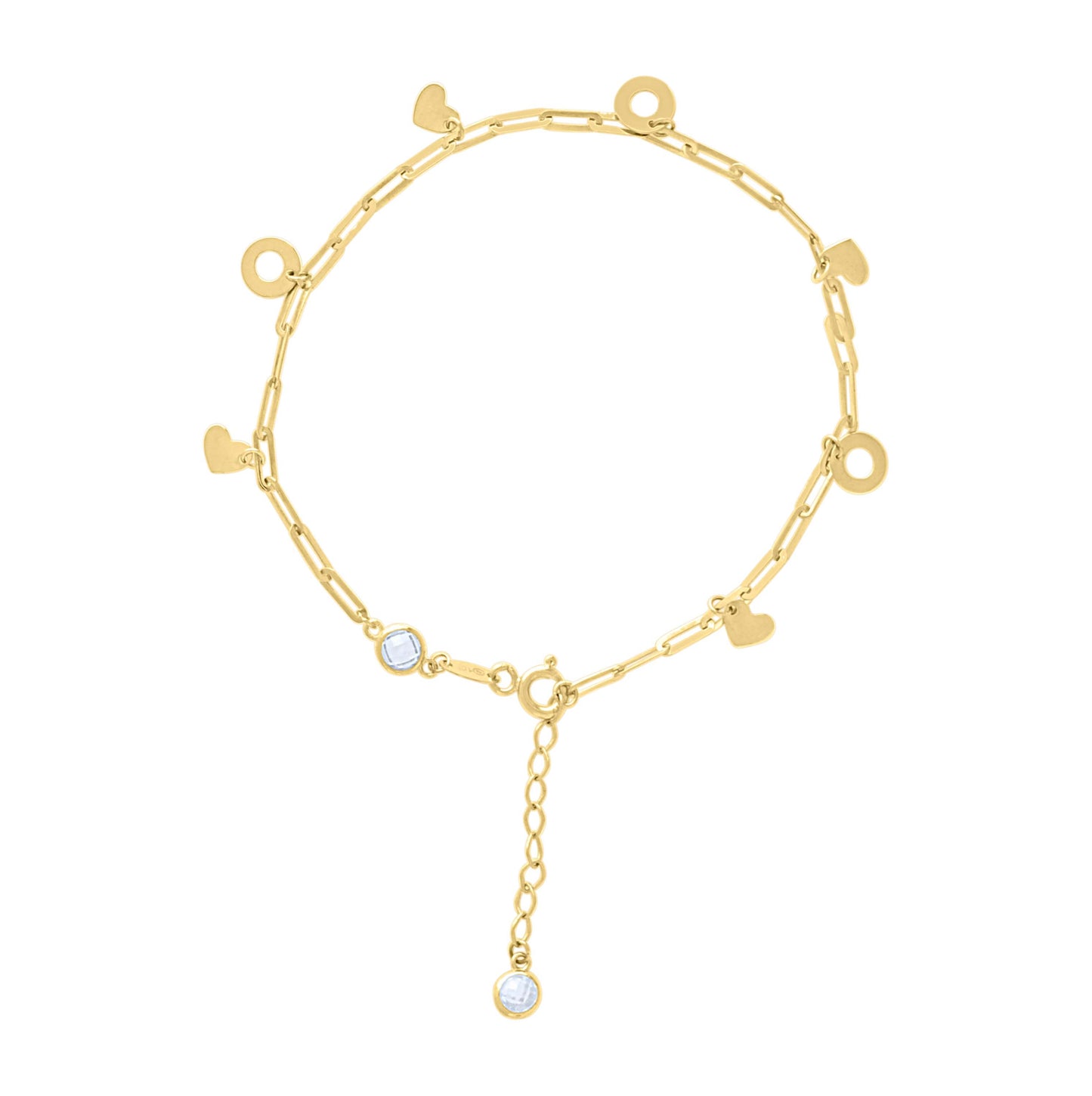 14K Yellow Gold Womens Cubic-Zirconia Heart Charms Bracelet Size 8 Inches