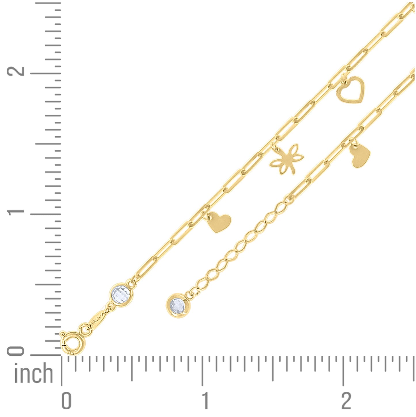 14K Yellow Gold Womens Cubic-Zirconia Butterfly Heart Charms Bracelet Size 8 Inches
