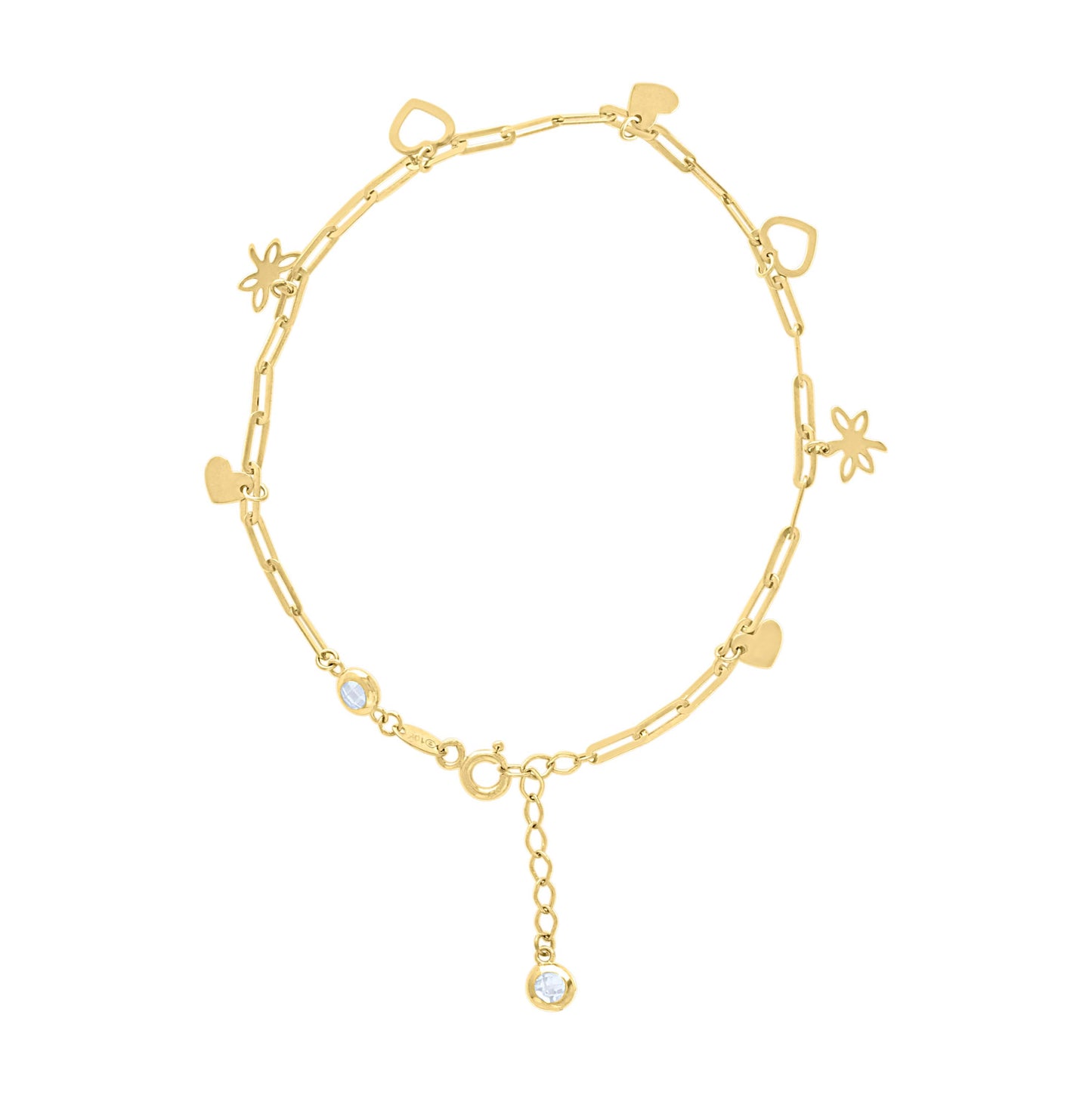 14K Yellow Gold Womens Cubic-Zirconia Butterfly Heart Charms Bracelet Size 8 Inches