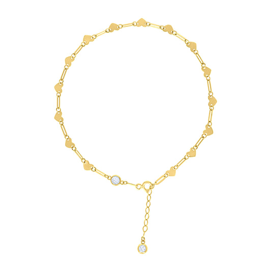10K Or 14K Yellow Gold Womens Cubic-Zirconia Heart Link Anklet Size 10 Inches