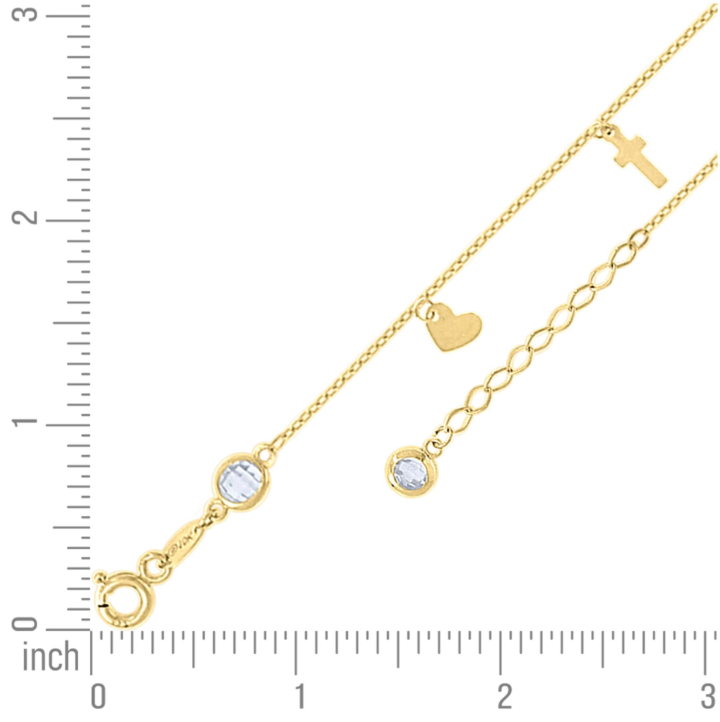 10K Or 14K Yellow Gold Womens Cubic-Zirconia Heart Cross Charms Chain Anklet Size 10 Inches