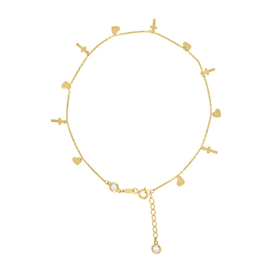 10K Or 14K Yellow Gold Womens Cubic-Zirconia Heart Cross Charms Chain Anklet Size 10 Inches