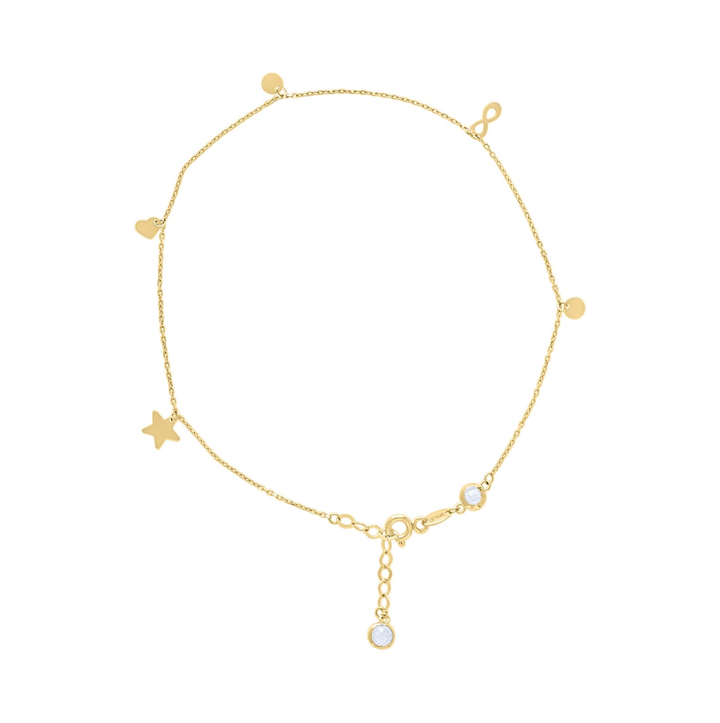 10K Or 14K Yellow Gold Womens Cubic-Zirconia Infinity Heart Star Charms Chain Anklet Size 10 Inches