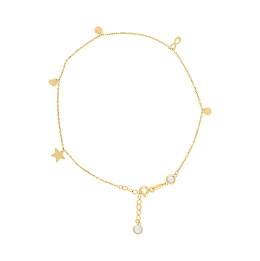 10K Or 14K Yellow Gold Womens Cubic-Zirconia Infinity Heart Star Charms Chain Anklet Size 10 Inches