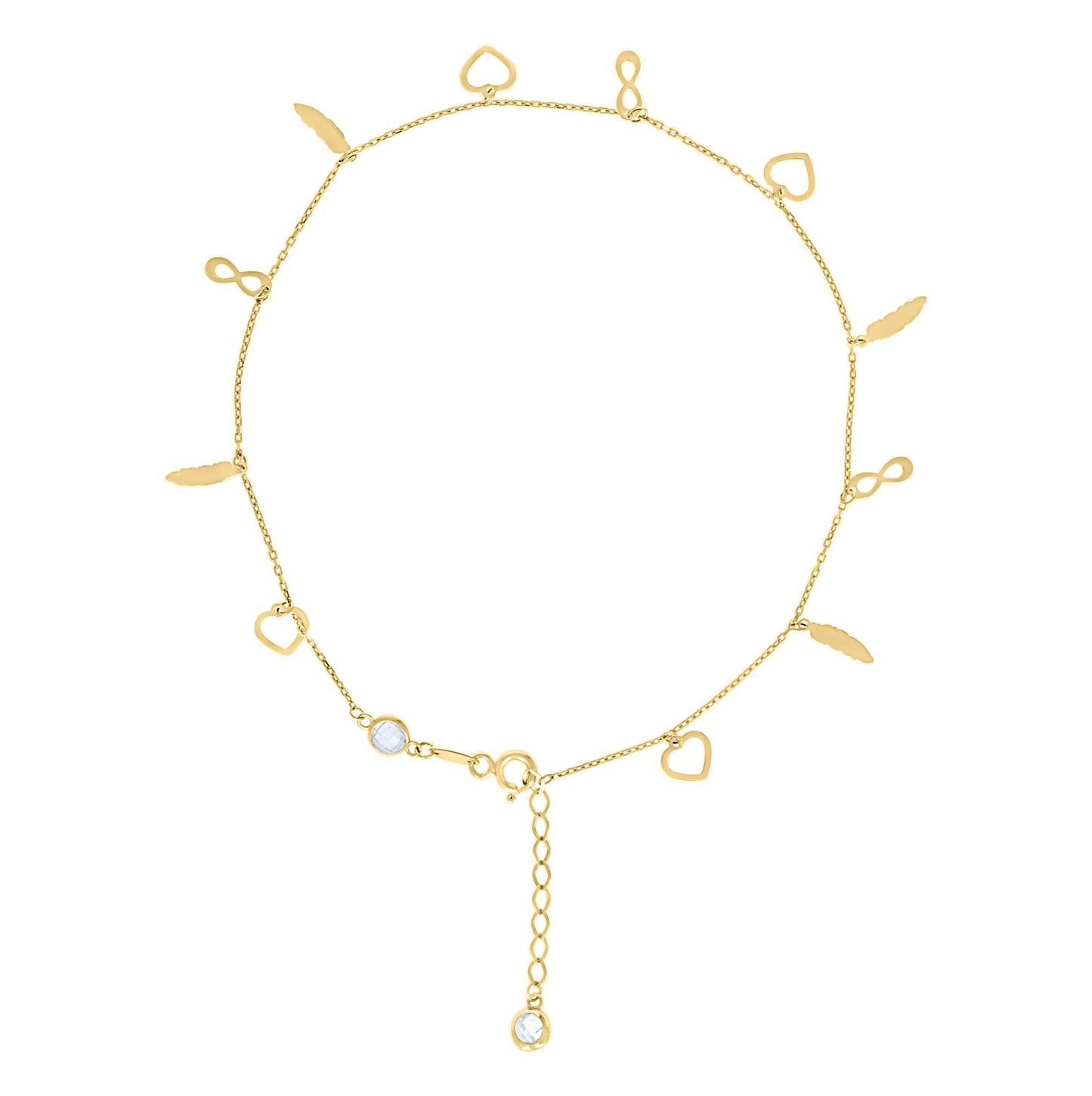 10K Or 14K Yellow Gold Womens Cubic-Zirconia Heart/Infinity/Feather Charms Chain Anklet Size 10 Inches