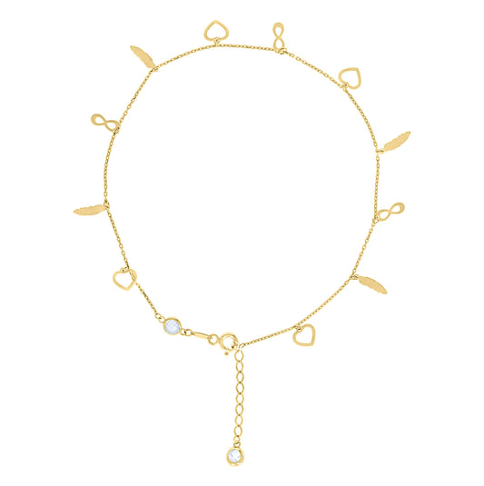 10K Or 14K Yellow Gold Womens Cubic-Zirconia Heart/Infinity/Feather Charms Chain Anklet Size 10 Inches