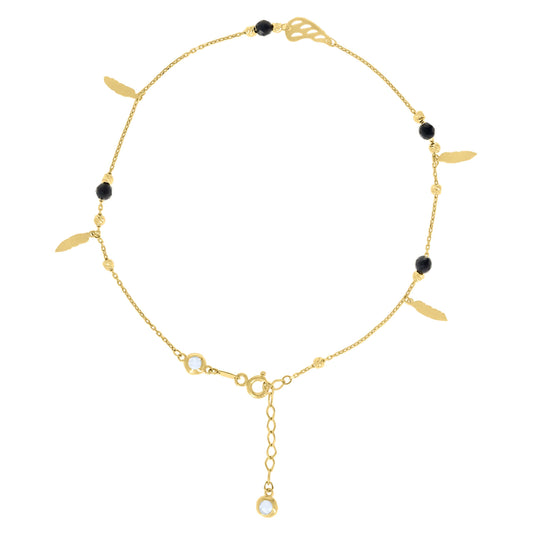 10K Or 14K Yellow Gold Womens Cubic-Zirconia Diamond-cut Black Beaded Feather Charms Chain Anklet Size 10 Inches
