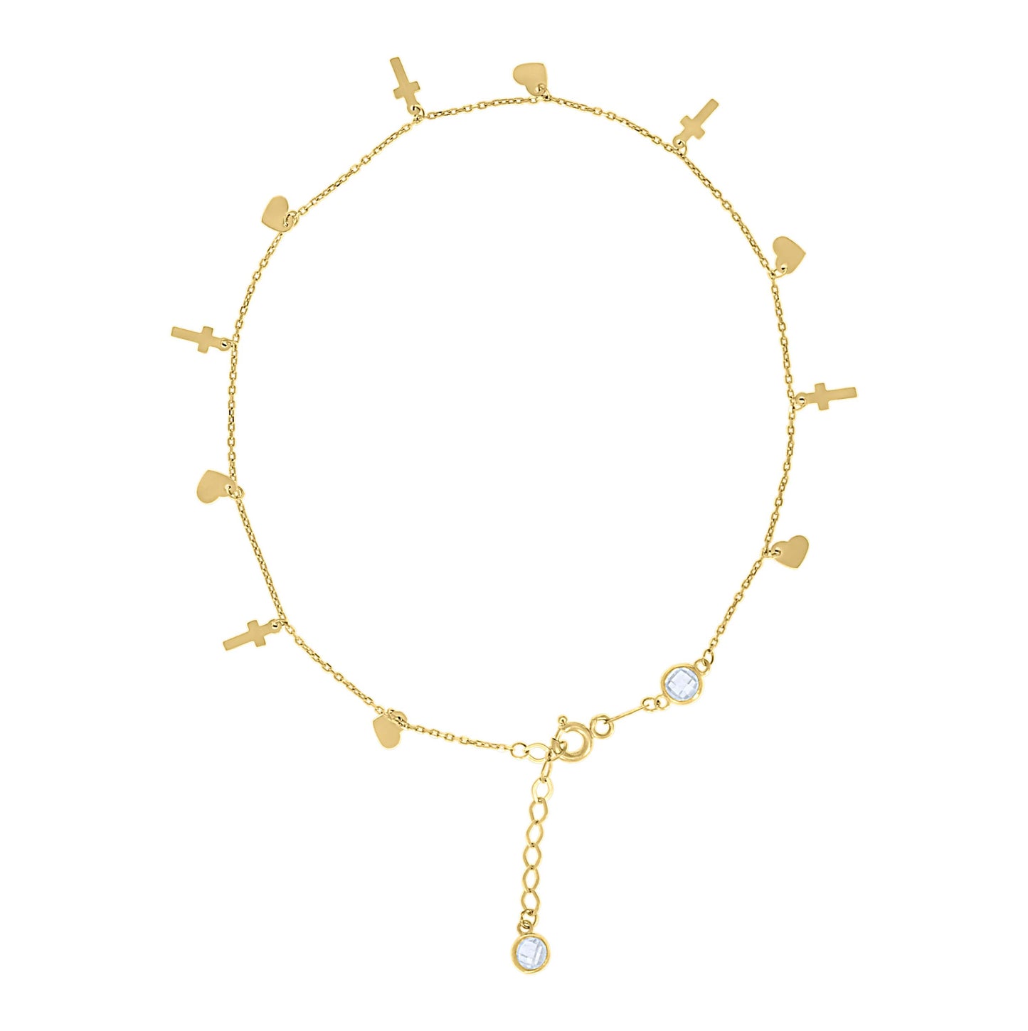 10K Or 14K Yellow Gold Womens Cubic-Zirconia Heart Cross Charms Chain Anklet Size 10 Inches