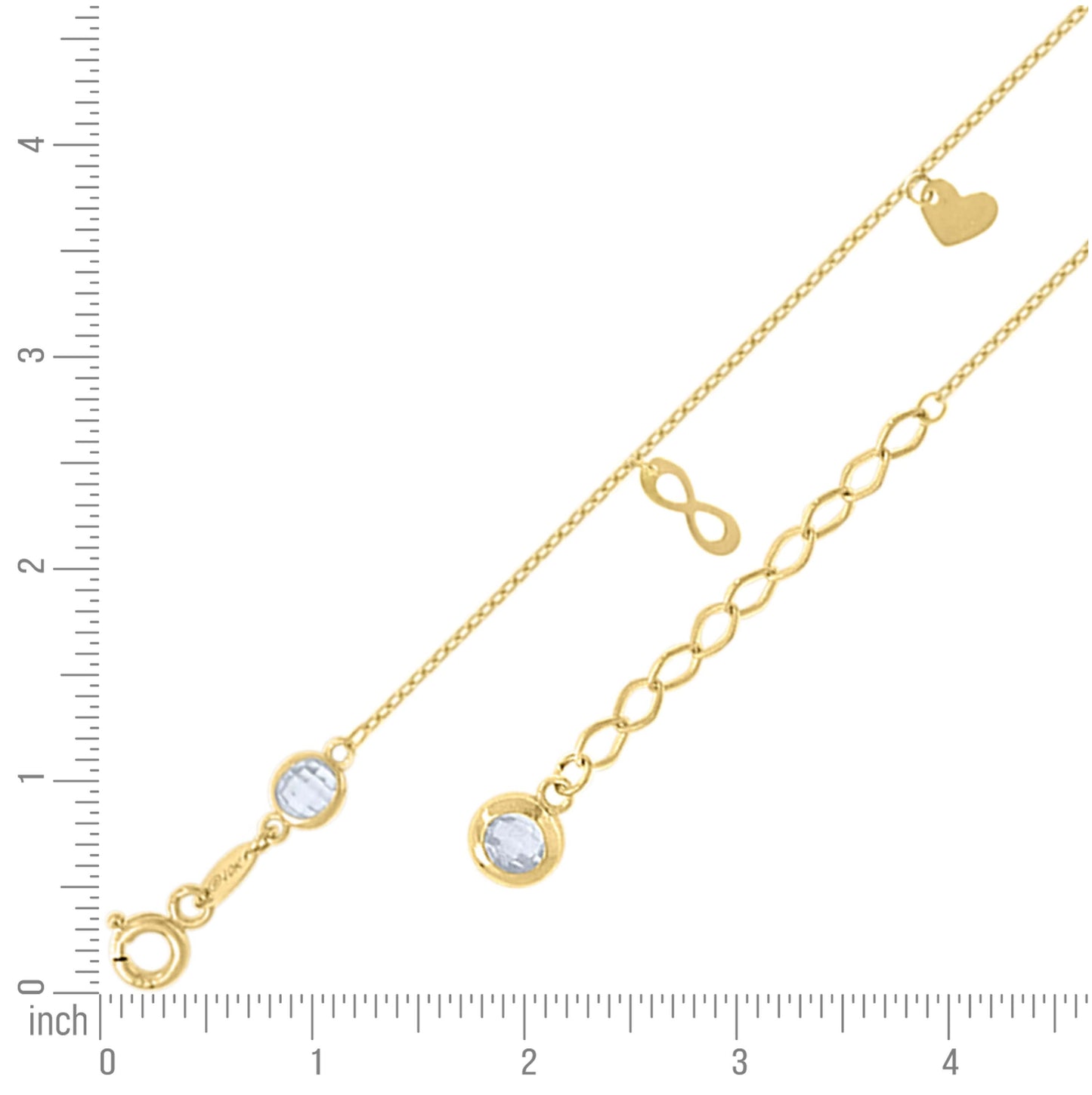 10K Or 14K Yellow Gold Womens Cubic-Zirconia Infinity Heart Charms Chain Anklet Size 10 Inches