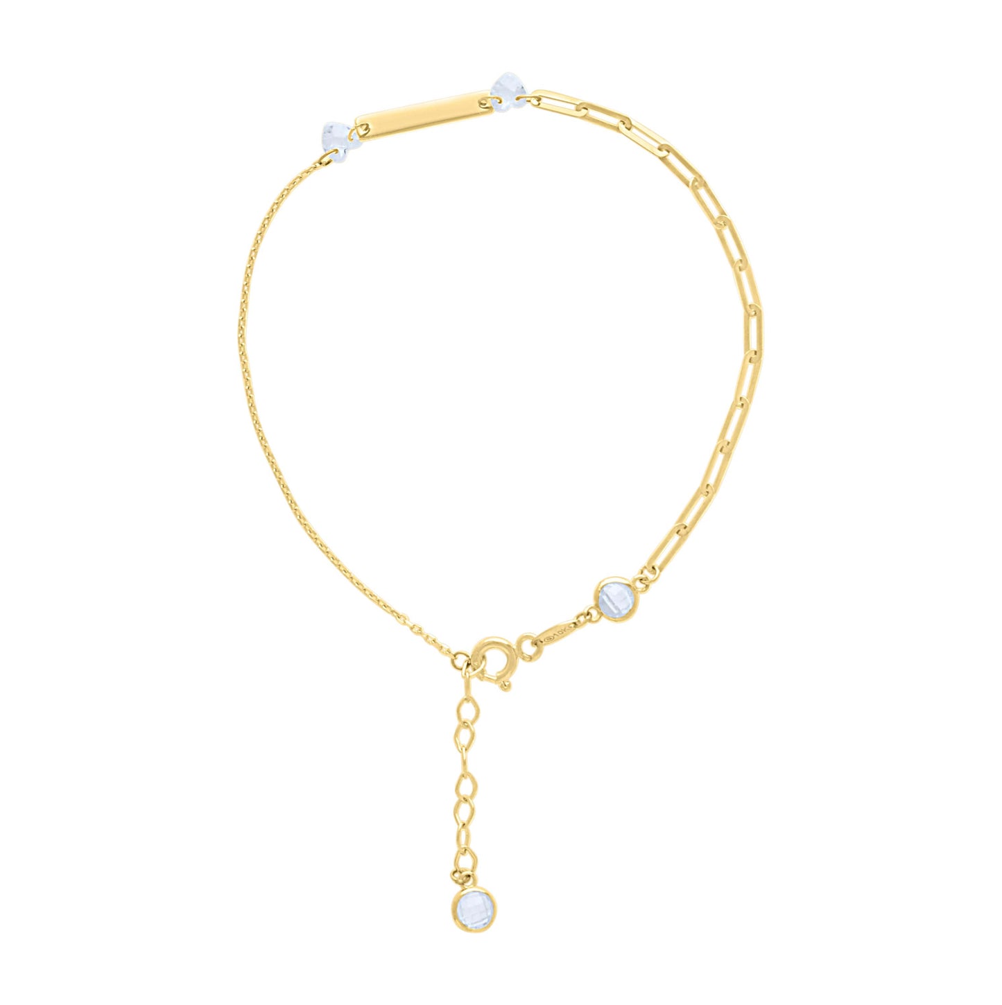 10K Yellow Gold Womens Heart Round Cubic-Zirconia Heart Bar Charms Chain Bracelet Size 7 + 1 Inches