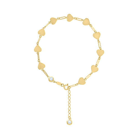 10K Yellow Gold Womens Cubic-Zirconia Hearts Link Bracelet Size 7 + 1 Inches