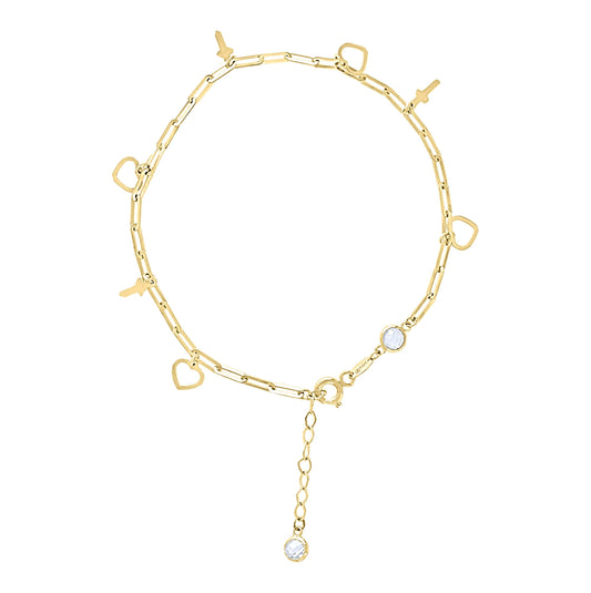 10K Yellow Gold Womens Cubic-Zirconia Heart Cross Charms Chain Bracelet Size 7 + 1 Inches