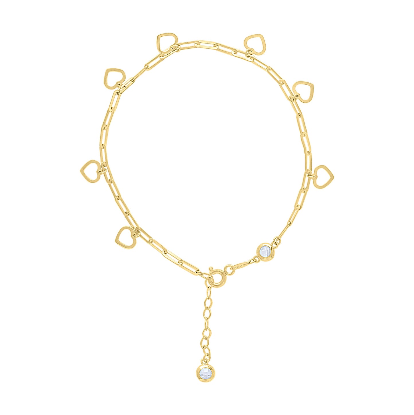 10K Yellow Gold Womens Cubic-Zirconia Circle Heart Charms Chain Bracelet Size 7 + 1 Inches