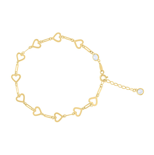 10K Yellow Gold Womens Cubic-Zirconia Heart Link Bracelet Size 7 + 1 Inches