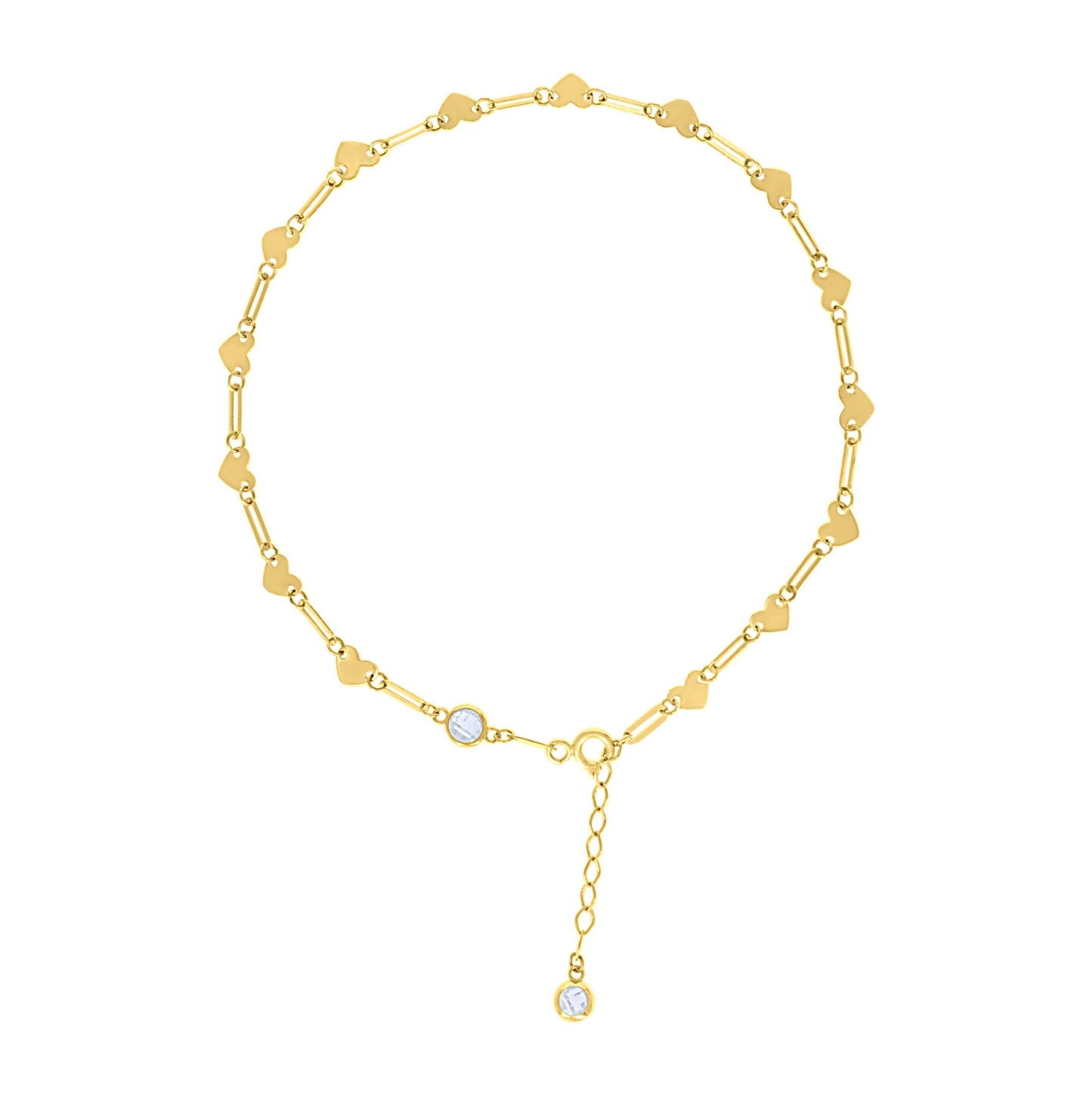 10K Or 14K Yellow Gold Womens Cubic-Zirconia Heart Link Anklet Size 10 Inches