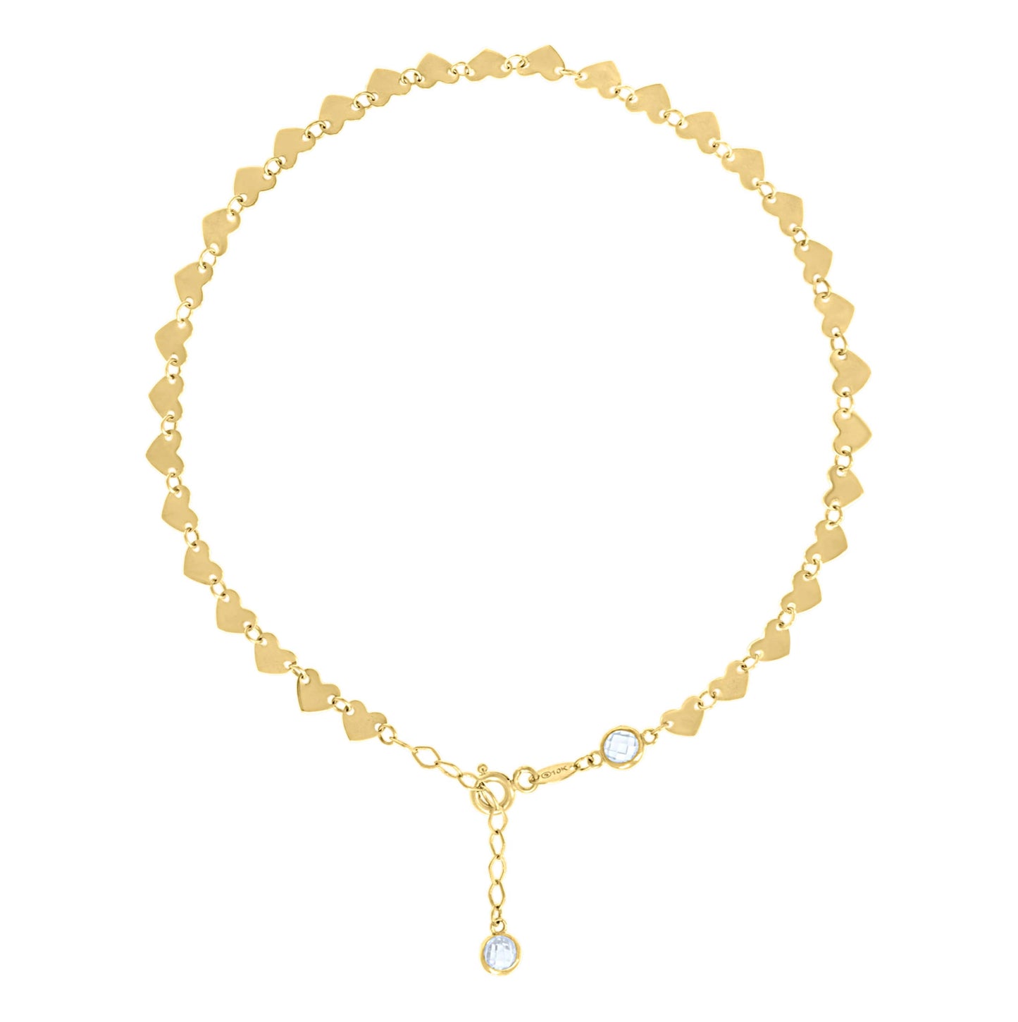 10K Or 14K Yellow Gold Womens Cubic-Zirconia Heart Link Anklet Size 10 Inches