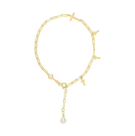 10K Yellow Gold Womens Cubic-Zirconia Cross Charms Chain Bracelet Size 7 + 1 Inches