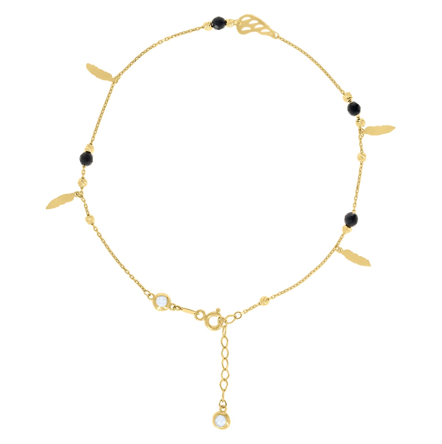 10K Or 14K Yellow Gold Womens Cubic-Zirconia Diamond-cut Black Beaded Feather Charms Chain Anklet Size 10 Inches