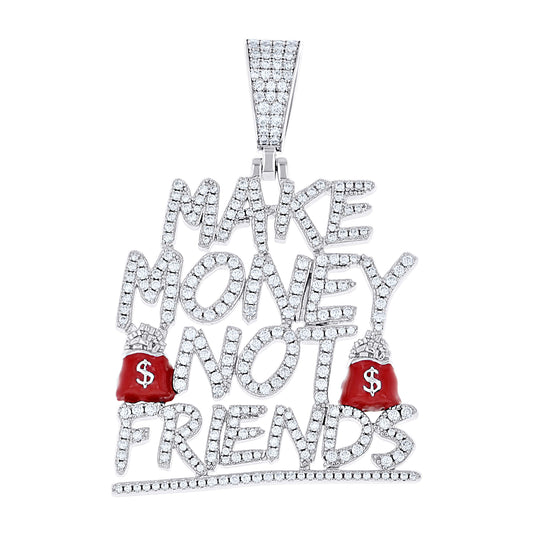 Sterling Silver Unisex Moissanite Enameled Make Money Not Friends Talking Fashion Pendant