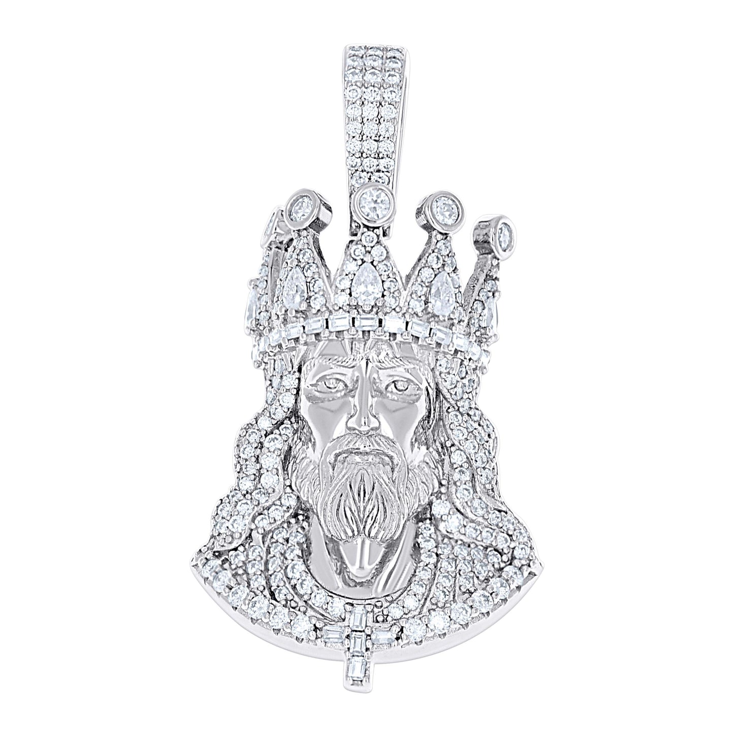 Sterling Silver Mens Round Baguette Pear Moissanite King Crown Jesus Face Religious Pendant