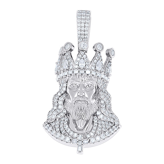 Sterling Silver Mens Round Baguette Pear Moissanite King Crown Jesus Face Religious Pendant