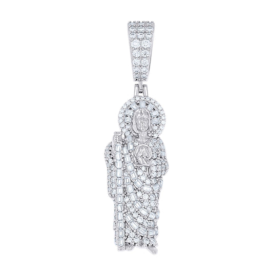 Sterling Silver Mens Round Baguette Moissanite St. Jude Religious Pendant