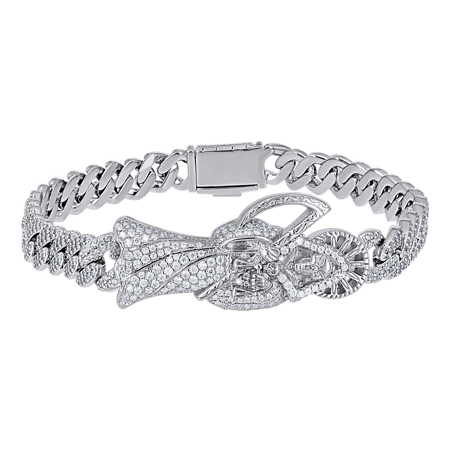 Sterling Silver Mens Moissanite Grim Reaper Death Angel Religious Charm Bracelet 8.5 Inches