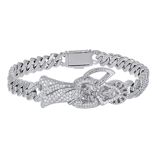 Sterling Silver Mens Moissanite Grim Reaper Death Angel Religious Charm Bracelet 8.5 Inches