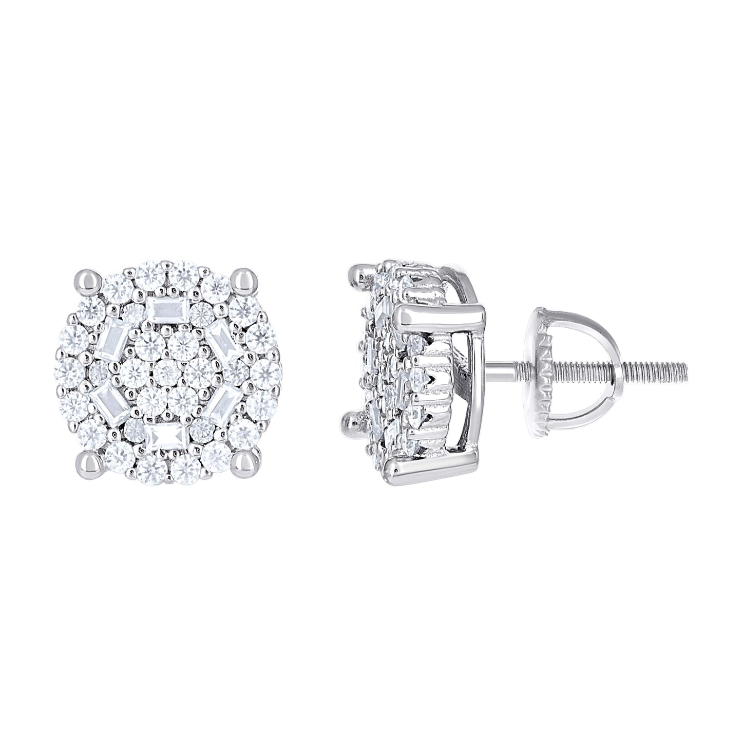 Sterling Silver Womens Round Baguette Moissanite Round Fashion Stud Earrings