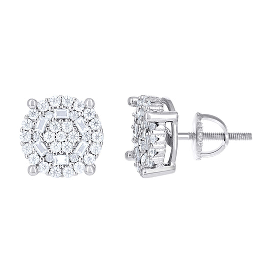 Sterling Silver Womens Round Baguette Moissanite Round Fashion Stud Earrings