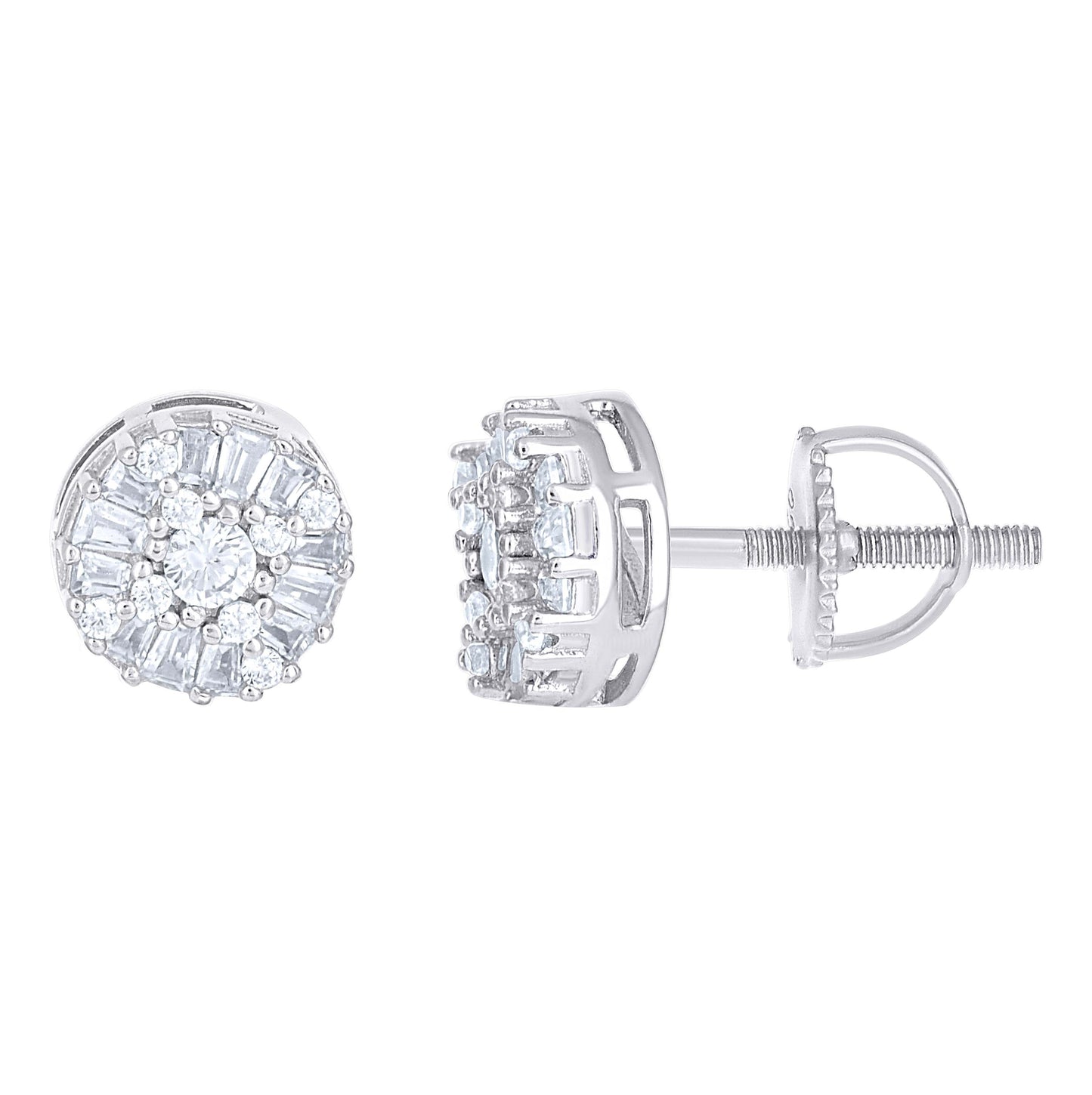 Sterling Silver Womens Round Baguette Moissanite Round Fashion Stud Earrings
