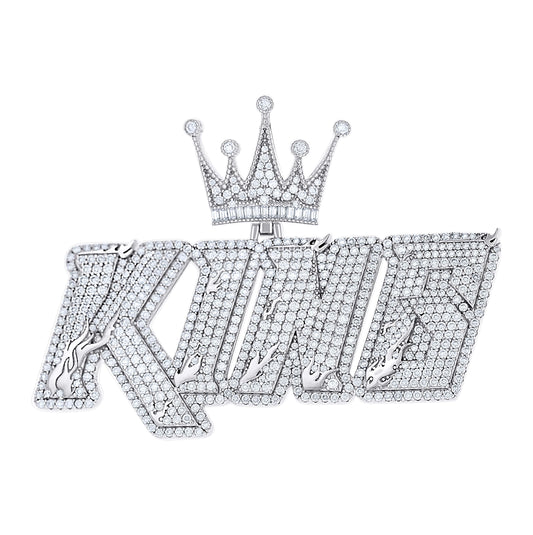 Sterling Silver Mens Baguette Round Cubic-Zirconia King Crown Talking Fashion Pendant