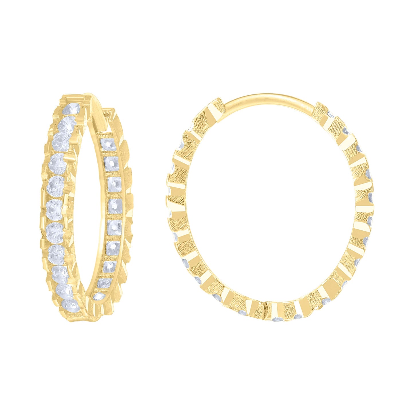 14K Yellow Gold Womens Cubic-Zirconia Diamond-Cut Fashion Hoop Earrings