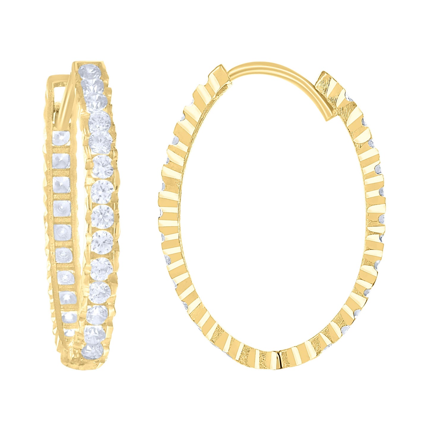 14K Yellow Gold Womens Cubic-Zirconia Diamond-Cut Fashion Hoop Earrings