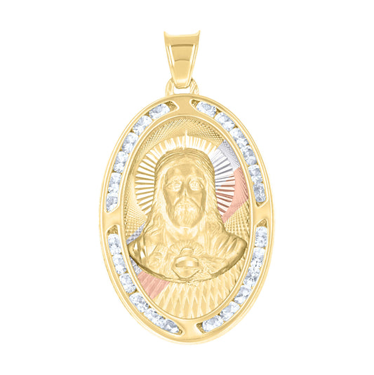 14K Tri-Color Gold Unisex Cubic-Zirconia Jesus Religious Pendant