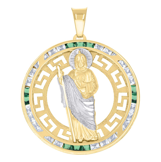 14K Yellow Gold Unisex Green White Princess-Cut Cubic-Zirconia St. Jude Religious Pendant