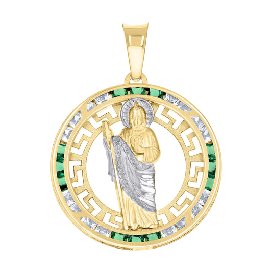 14K Yellow Gold Unisex Green White Princess-Cut Cubic-Zirconia St. Jude Religious Pendant