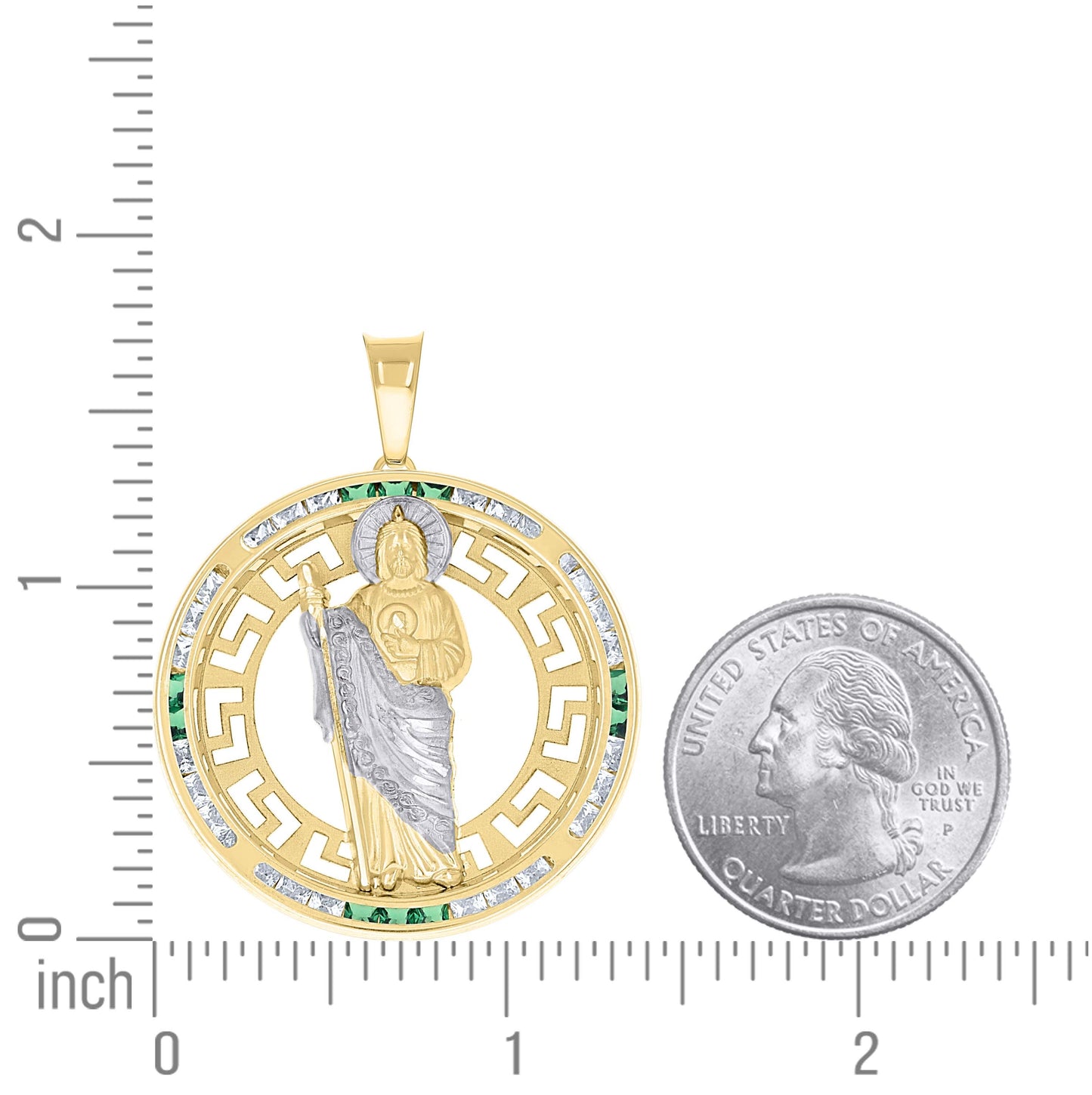 14K Yellow Gold Mens Green White Princess-Cut Cubic-Zirconia St. Jude Religious Pendant
