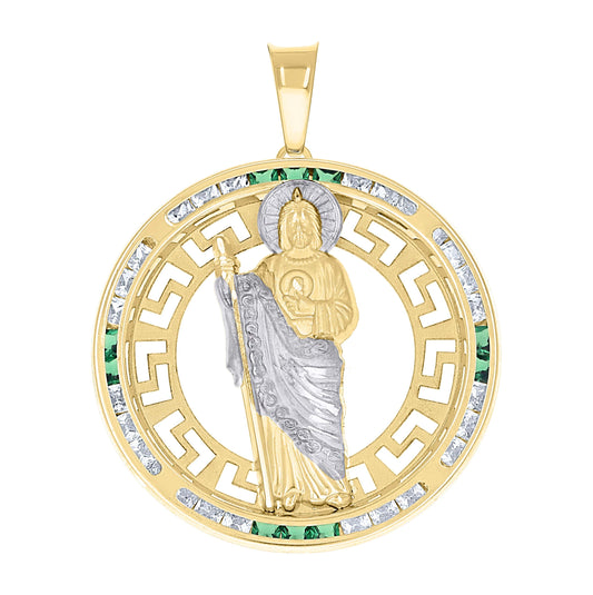 14K Yellow Gold Mens Green White Princess-Cut Cubic-Zirconia St. Jude Religious Pendant