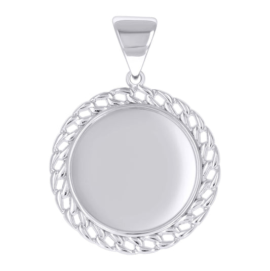 Sterling Silver Unisex Cuban Border Memory Circle Photo Frame Pendant