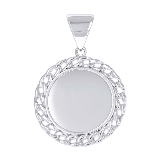 Sterling Silver Unisex Cuban Border Memory Circle Photo Frame Pendant