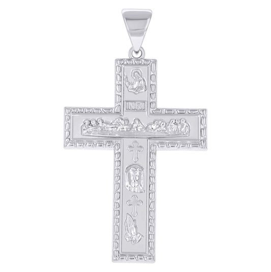 Sterling Silver Mens St. Barbara Last Supper Jesus Praying Hands INRI Cross Religious Pendant